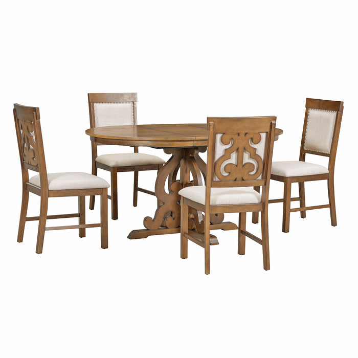 Trexm 5 Piece Retro Functional Dining Set, 1 Extendable Table With A Leaf And 4 Upholstered Chairs For Dining Room And Kitchen (Walnut)