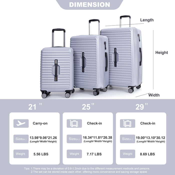 3 Piece Luggage Sets Lightweight Suitcase With Two Hooks, 360° Double Spinner Wheels, Tsa Lock, (21/25/29) Gray
