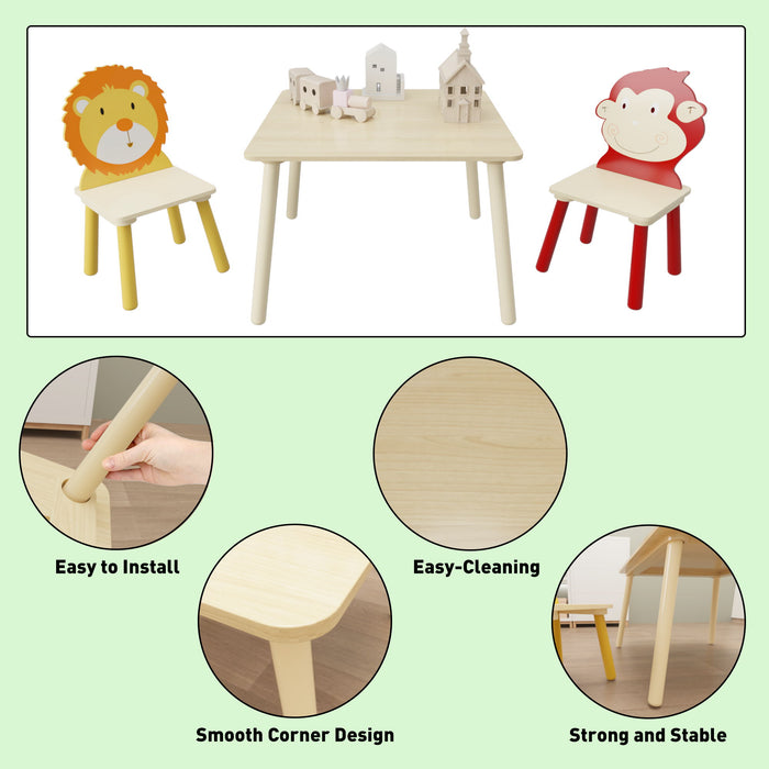 Kids Table And 2 Chairs Set, 3 Pieces Toddler Table And Chair Set, Wooden Activity Play Table Set (Lion&Monkey)