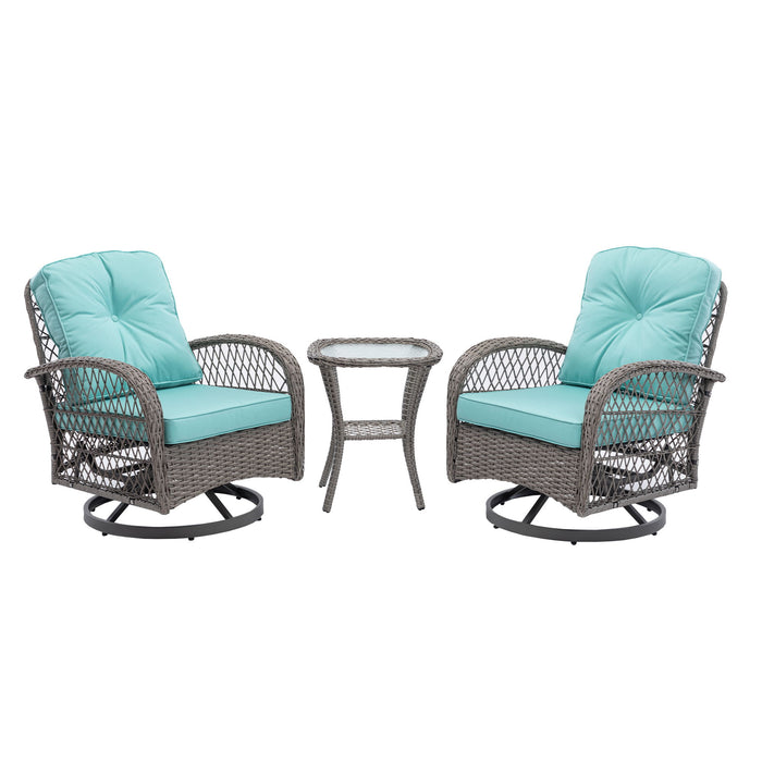 3 Pieces Outdoor Swivel Rocker Patio Chairs, 360 Degree Rocking Patio Conversation Set With Thickened Cushions And Glass Coffee Table For Backyard, Blue