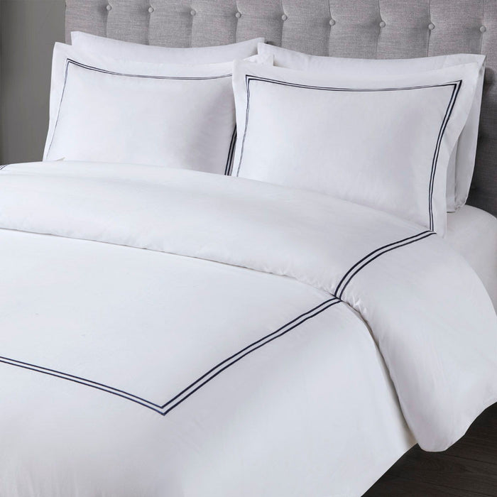 100% Cotton Sateen Embroidered Comforter Set - White / Navy