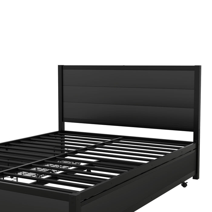 Metal Queen Size Storage Platform Bed With Twin Size Trundle And 2 Drawers, Black