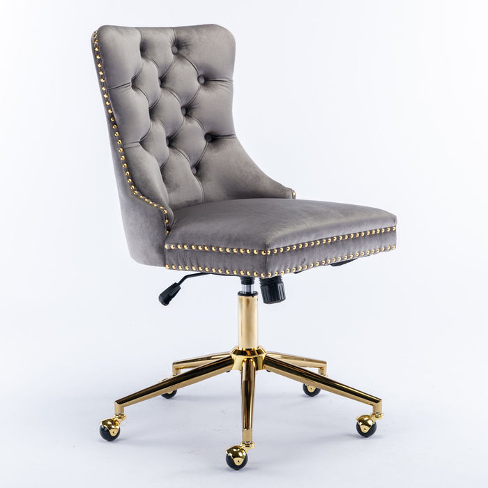 A&A Furniture Office Chair, Upholstered Tufted Button Home Office Chair With Golden Metal Base, Adjustable Desk Chair Swivel Office Chair Gray