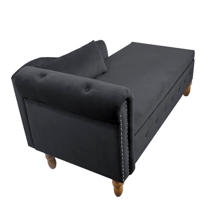 Black Chaise Lounge Indoor, Lounge Chair For Bedroom With Storage & Pillow, Modern Upholstered Rolled Arm Chase Lounge For Sleeping