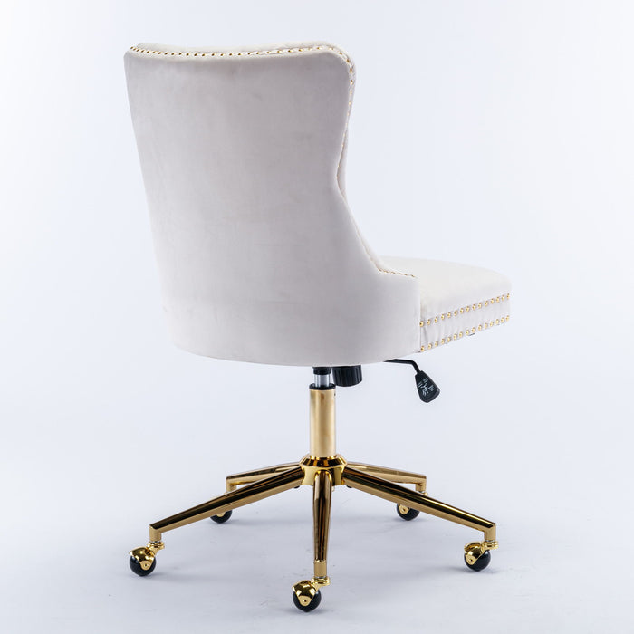 A&A Furniture Office Chair, Upholstered Tufted Button Home Office Chair With Golden Metal Base, Adjustable Desk Chair Swivel Office Chair Beige