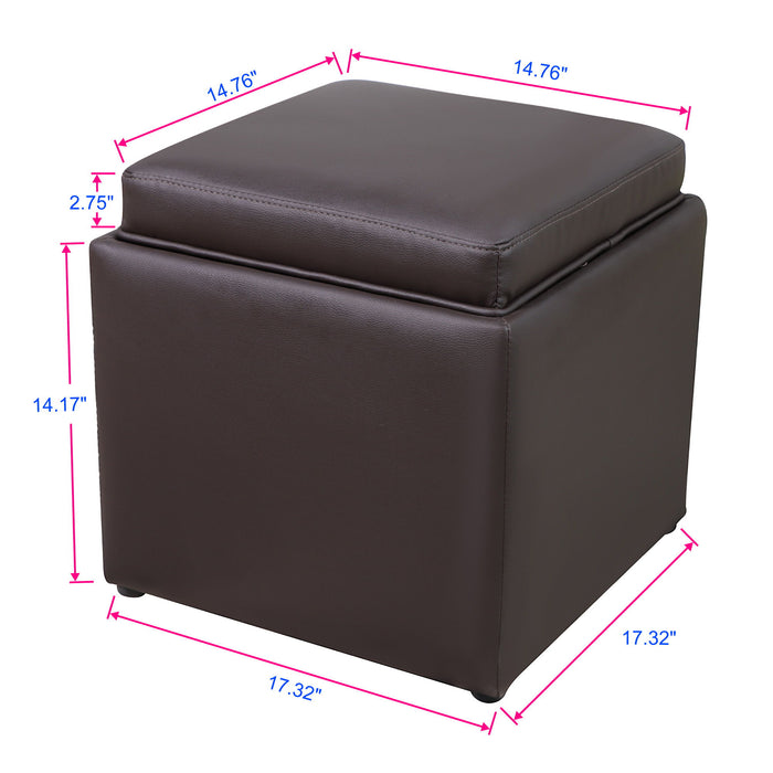 Square Storage Ottoman With Tray Faux Leather Upholstered Footrest Stool, Seat As Side Coffee Table For Living Room