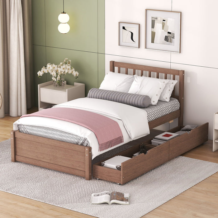 Modern Design Twin Size Platform Bed With 2 Drawers For Walnut Color
