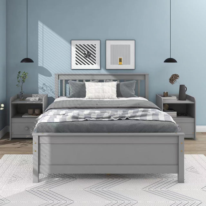 Full Bed With Headboard And Footboard, With 2 Nightstands, Grey