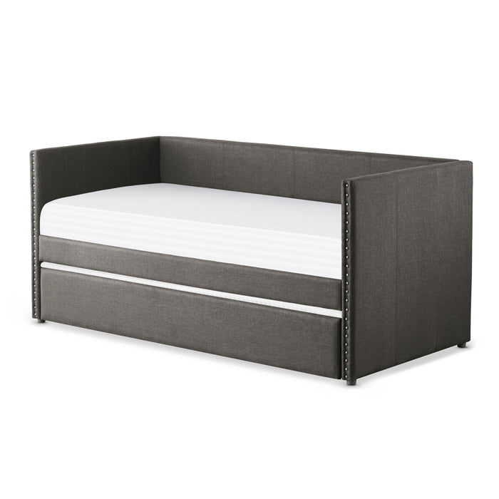 Gray Fabric Upholstered 1 Piece Day Bed With Pull-Out Trundle Nailhead Trim Wood Frame Furniture