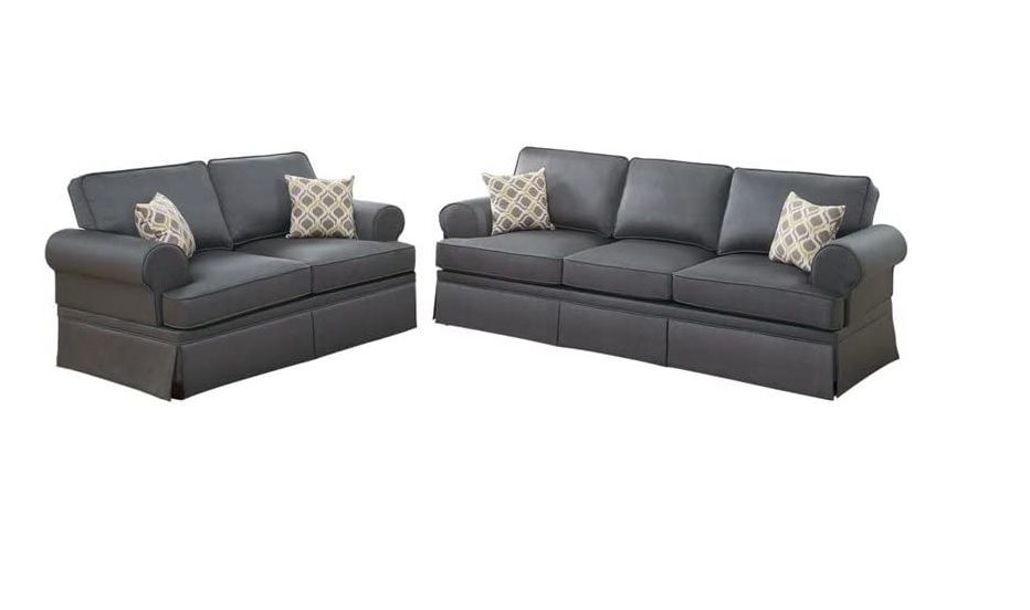 Charcoal Glossy Polyfiber 2 Pieces Sofa Set Living Room Furniture Sofa Loveseat Pillows Couch Rolled Armrest
