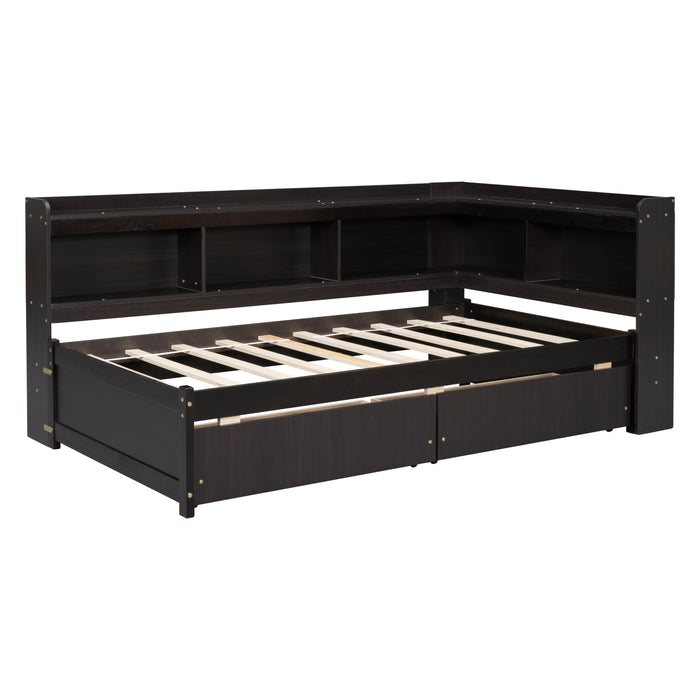 Twin Bed With L Shaped Bookcases, Drawers, Espresso