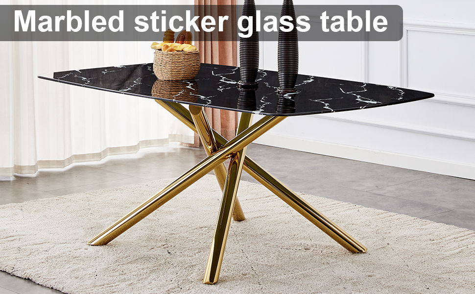 Large Modern Minimalist Rectangular Glass Dining Table Fibertempering Glass Imitation Marble Black Desktop And Golden Metal Legs, For Kitchen Dining Living Meeting Room Banquet Hall