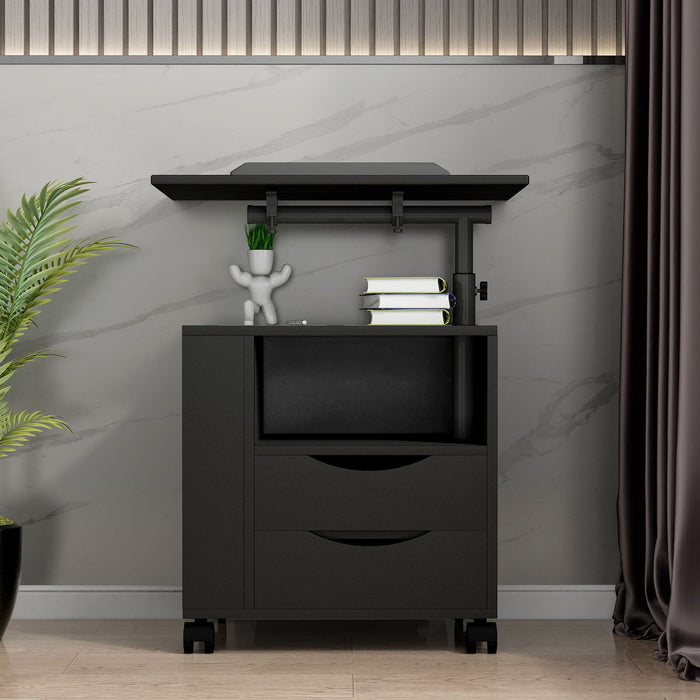 Height Adjustable Overbed End Table Wooden Nightstand With Swivel Top - Drawers - Wheels And Open Shelf - Black