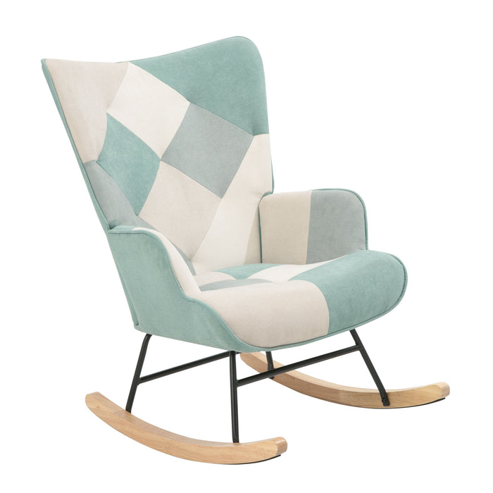 Rocking Chair With Ottoman, Mid Century Fabric Rocker Chair With Wood Legs And Patchwork Linen For Livingroom Bedroom - Blue