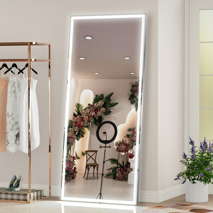 Oversized Led Bathroom Mirror Wall Mounted Mirror With 3 Color Modes Aluminum Frame Wall Mirror Large Full Length Mirror With Lights Lighted Full Body Mirror For Bedroom Living Room, Silver