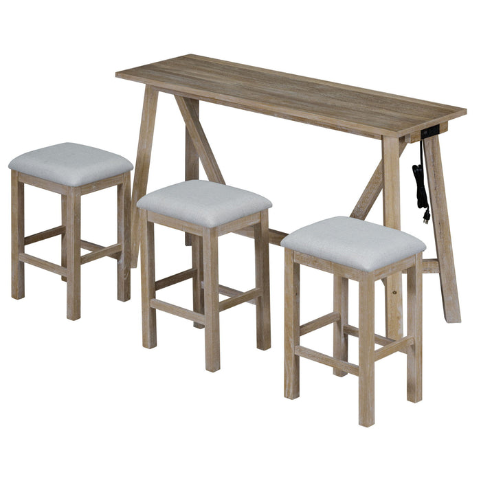 Trexm Multipurpose Home Kitchen Dining Bar Table Set With 3 Upholstered Stools (Natural Wood Wash)