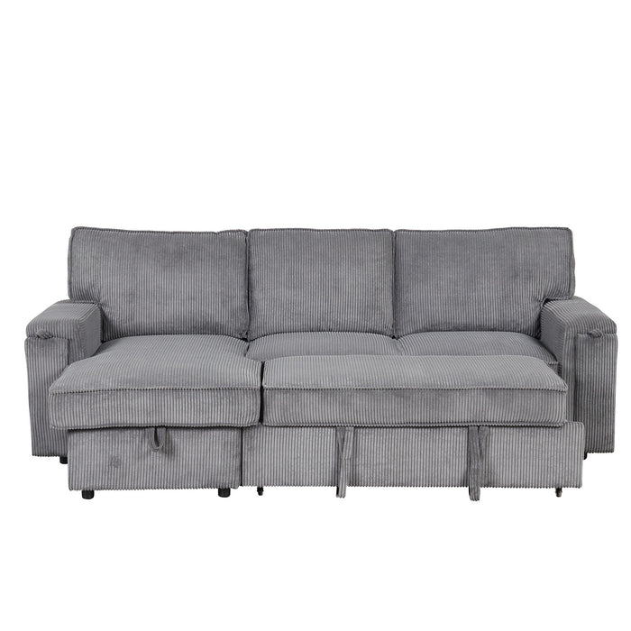 U_Style Upholstery Sleeper Sectional Sofa With Storage Bags And 2 Cup Holders On Arms - Gray