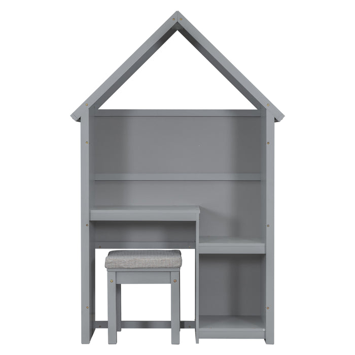 House-Shaped Desk With A Cushion Stooll, Grey