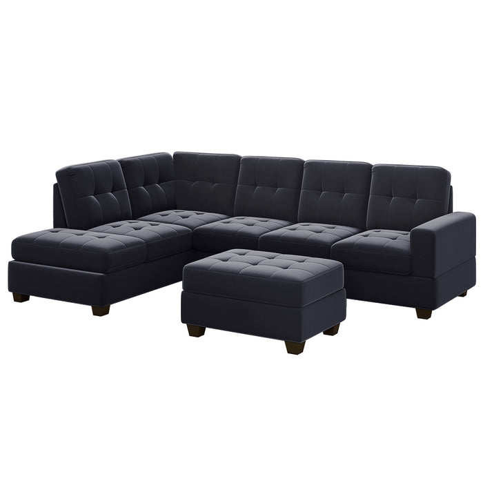 Orisfur. Modern Sectional Sofa With Reversible Chaise, Shaped Couch Set With Storage Ottoman And Two Cup Holders For Living Room - Black