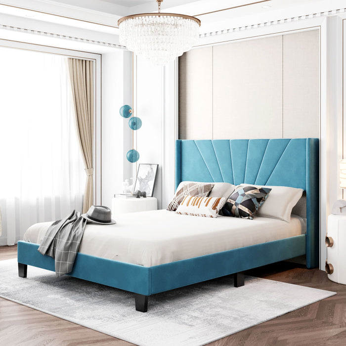 Queen Size Velvet Upholstered Platform Bed, Box Spring Needed Blue