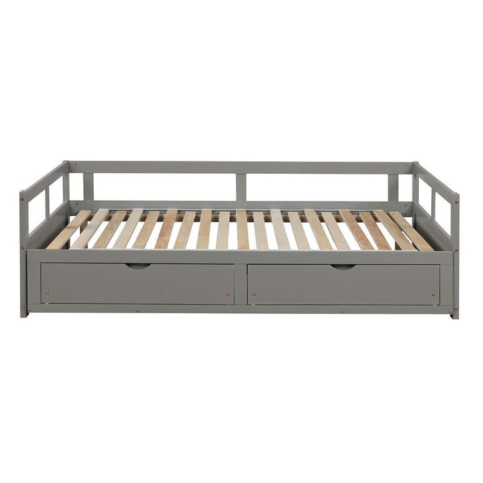 Wooden Daybed With Trundle Bed And Two Storage Drawers, Extendable Bed Daybed, Sofa Bed For Bedroom Living Room, Gray