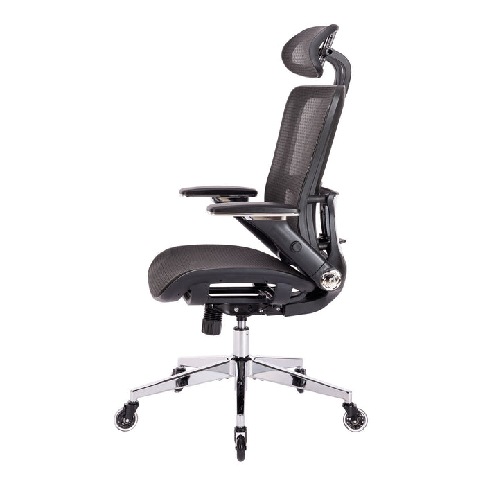 Ergonomic Mes Height Office Chair, High Back - Adjustable Headrest With Flip-Up Arms, Tilt And Lock Function, Lumbar Support And Blade Wheels, Kd Chrome Metal Legs - Black