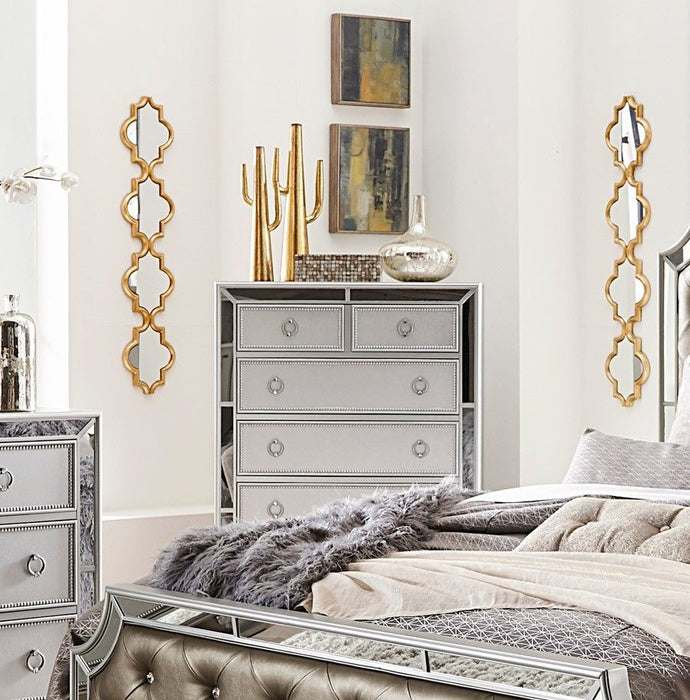 Modern Traditional Style 1 Piece Bedroom Chest Of Drawers Embossed Textural Fronts Silver Finish