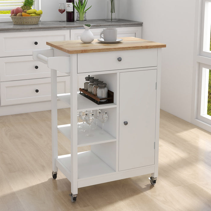 Kitchen Island, Rolling Trolley Cart With Towel Rack - White