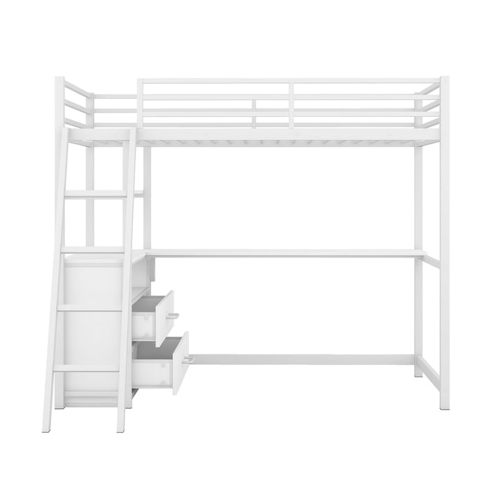 Twin Size Metal & Wood Loft Bed With Desk And Shelves, Two Built-In Drawers, White