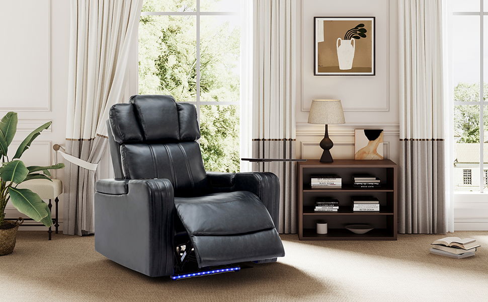 Power Recliner Individual Seat Home Theater Recliner With Cooling Cup Holder, Bluetooth Speaker, LED Lights, USB Ports, Tray Table, Arm Storage For Living Room, Black