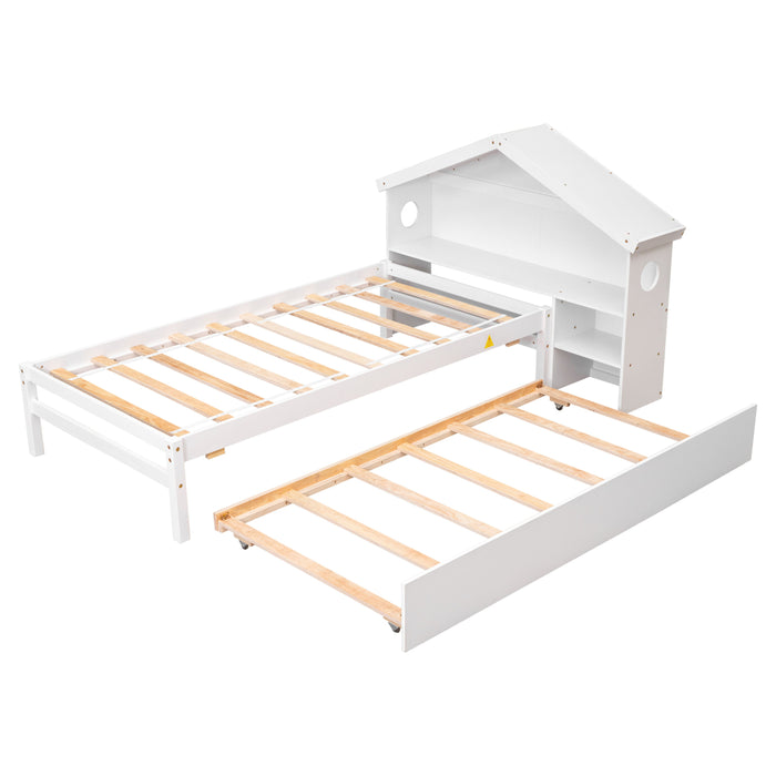 Twin Storage House Bed For Kids With Bedside Table - White