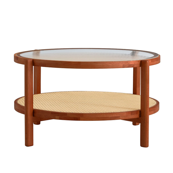 Modern Minimalist Circular Double-Layer Solid Wood Coffee Table, Craft Glass Tabletop, Second Layer Material: Pe Rattan, Solid Wood Frame