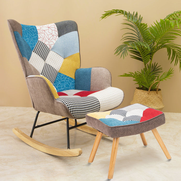 Rocking Chair With Ottoman, Mid Century Fabric Rocker Chair With Wood Legs And Patchwork Linen For Livingroom Bedroom - Colorful