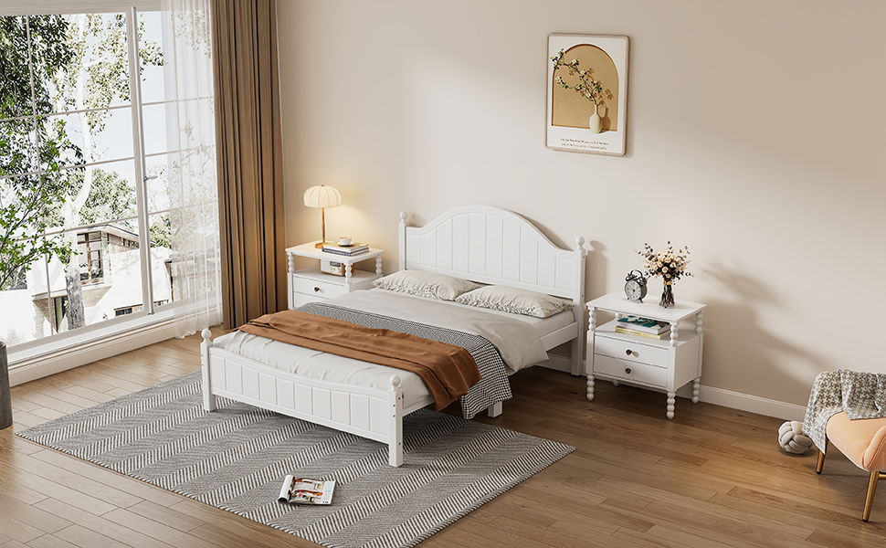 Traditional Concise Style Solid Wood Platform Bed, No Need Box Spring, Full - White