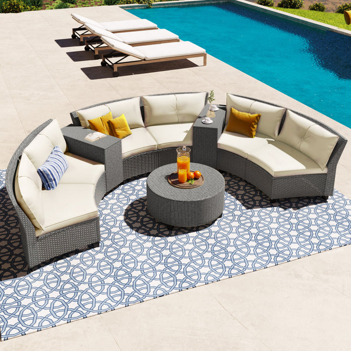 U_Style 6 - Person Fan-Shaped Rattan Suit Combination With Cushions And Table, Suitable For Garden