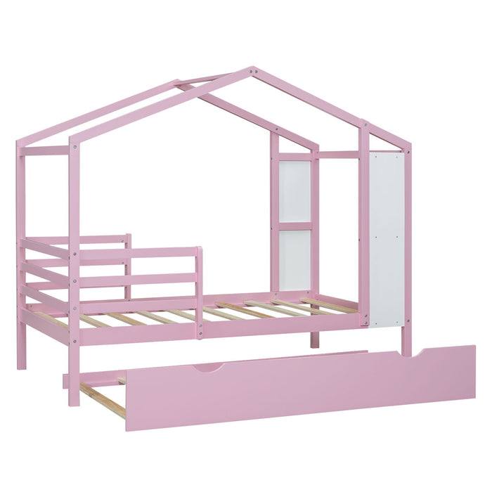 Twin Size Wood House Bed With Fence And Writing Board, Pink