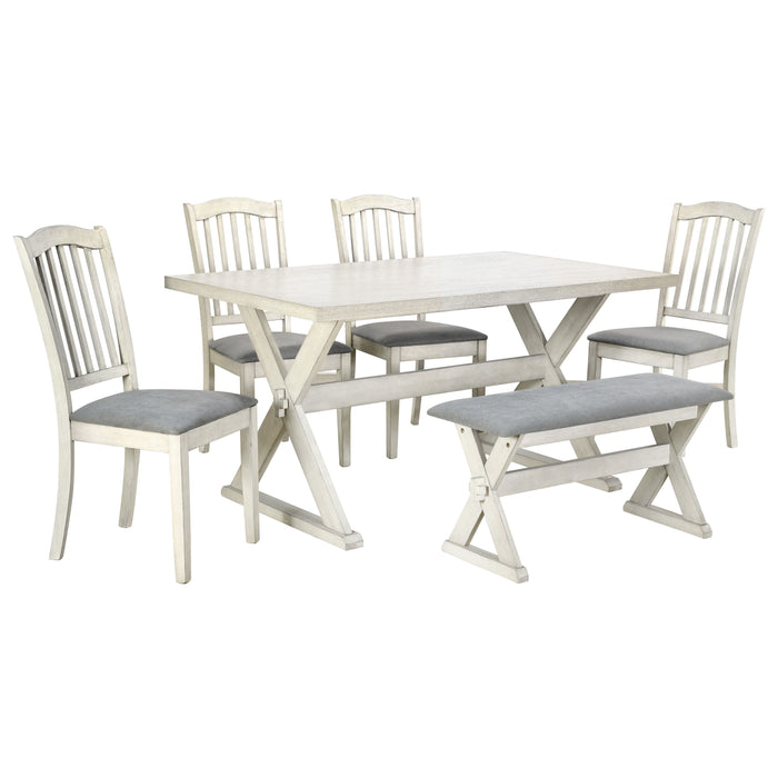 Trexm 6 Piece Rustic Dining Set, Rectangular Trestle Table And 4 Upholstered Chairs & 1 Bench For Dining Room (White Washed)