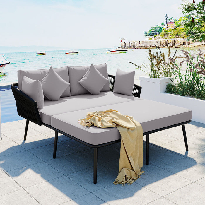 Topmax Outdoor Patio Daybed, Woven Nylon Rope Backrest With Washable Cushions For Balcony, Poolside, Set For 2 Person, Gray