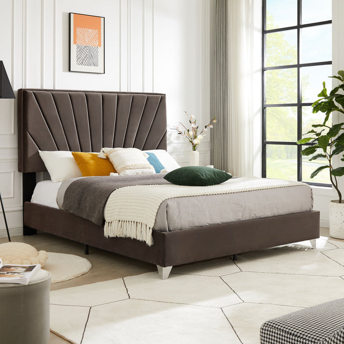 B108 King Bed Beautiful Line Stripe Cushion Headboard, Strong Wooden Slats And Metal Legs With Electroplate - Brown