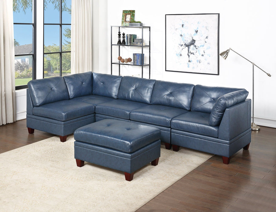 Genuine Leather Ink Blue Tufted 6 Pieces Modular Sofa Set 2 Corner Wedge 3 Armless Chair 1 Ottoman Living Room Furniture Sofa Couch