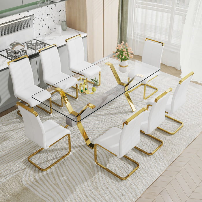 1 Table And 8 Chairs Modern, Simple And Luxurious Tempered Glass Rectangular Dining Table And Desk With 8 White PU Gold