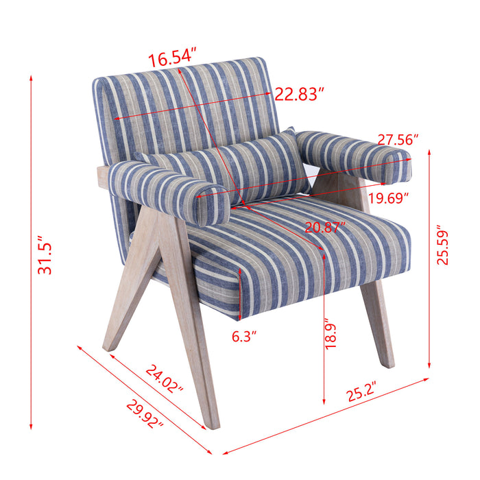 Accent Chair, Rubber Wood Legs With Black Finish Fabric Cover The Seat With A Cushion - Blue Stripe