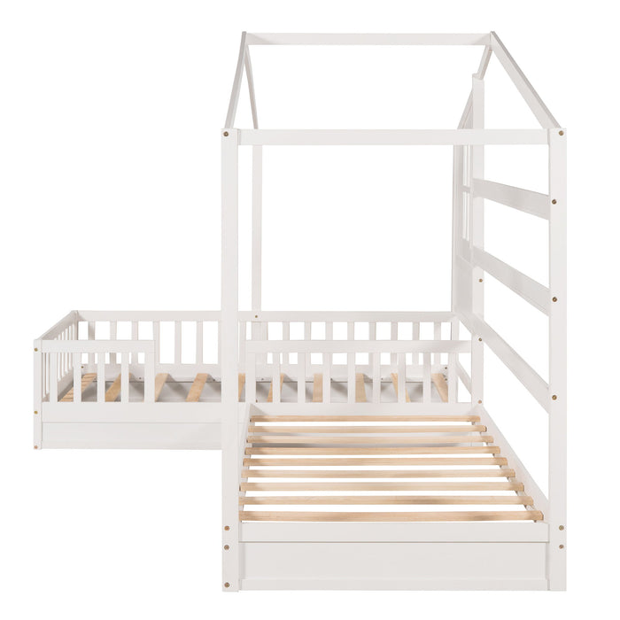 Wood House Bed Twin Size, 2 Twin Solid Bed L Structure With Fence And Slatted Frame White)