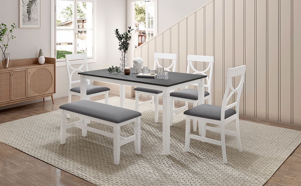 Top max 6 Piece Wood Dining Table Set Kitchen Table Set With Upholstered Bench And 4 Dining Chairs, Farmhouse Style, Gray / White