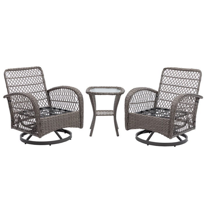 3 Pieces Outdoor Swivel Rocker Patio Chairs, 360 Degree Rocking Patio Conversation Set With Thickened Cushions And Glass Coffee Table For Backyard, Grey