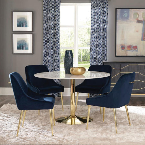 Kella - 5 Piece Round Marble Top Dining Set - Blue And Gold Unique Piece Furniture