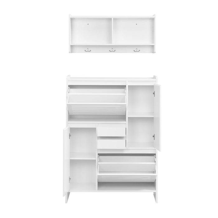 On - Trend Multi - Functional Shoe Cabinet With Wall Cabinet, Space - Saving Design Foyer Cabinet With 2 Flip Drawers, Versatile Side Cabinet For Hallway, White
