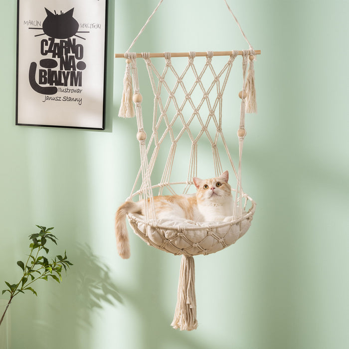 Macrame Cat Hammock, Hanging Cat Bed Hammock Cat Swing For Indoor Cats, Boho Cat Swing Bed For Sleeping - Beige