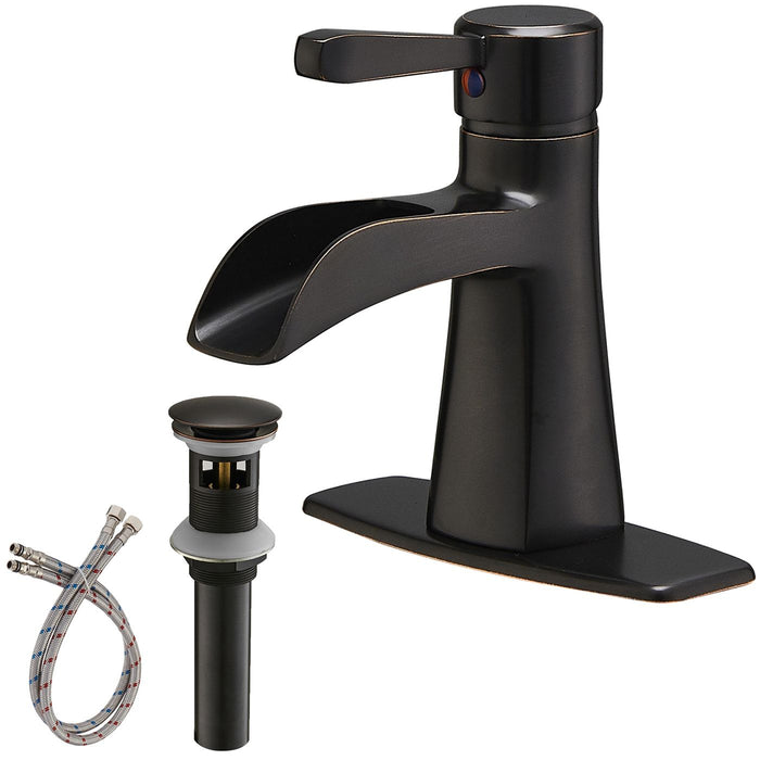 Waterfall Single Hole Single Handle Low Arc Bathroom Sink Faucet With Pop Up Drain Assembly In Oil Rubbed Bronze