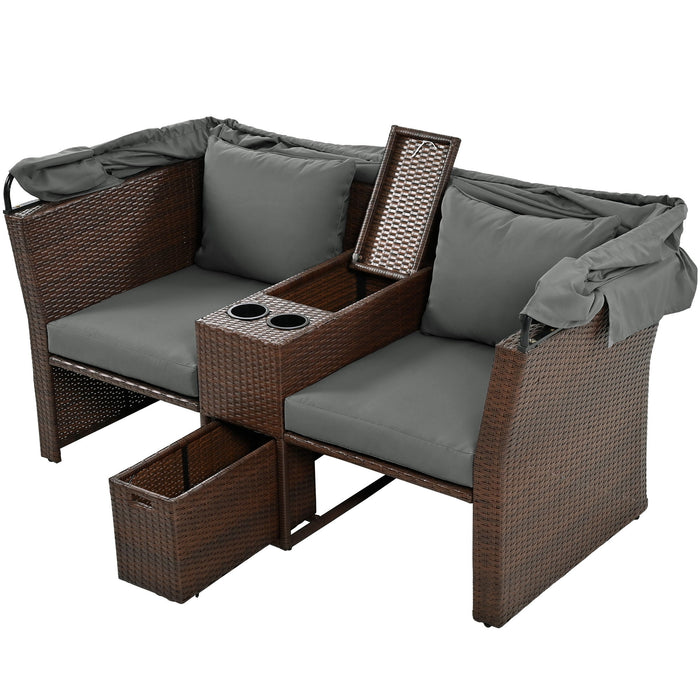 2 Seater Outdoor Patio Daybed Outdoor Double Daybed Outdoor Loveseat Sofa Set With Foldable Awning And Cushions For Garden, Balcony, Poolside, Grey